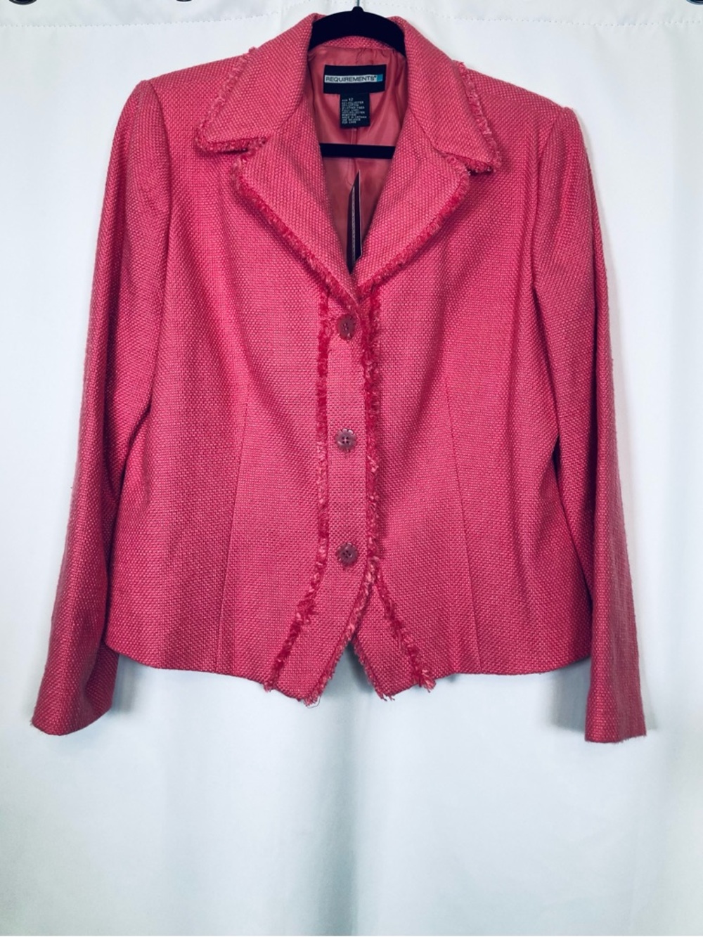 NWT Requirements Girl Talk Pink Peach Tweed Fringe Blazer Jacket Sz 12 Academia